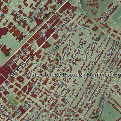 Second close-up of the map of State College, Pennsylvania print showing more streets and buildings