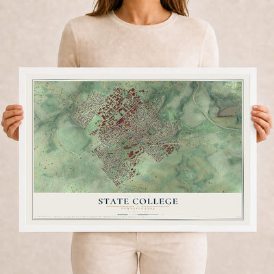 Map of State College, Pennsylvania, 12 x 18 inch print in a white wood frame