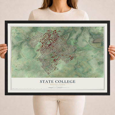 Map of State College, Pennsylvania, 18 x 24 inch print in a black wood frame