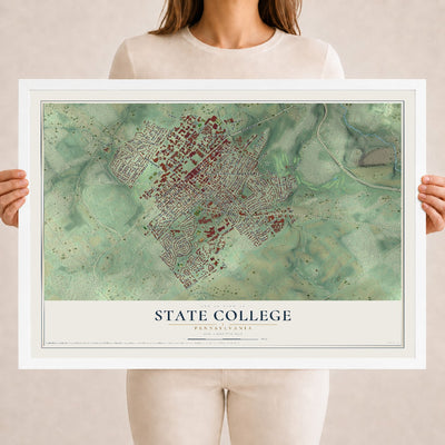 Map of State College, Pennsylvania, 18 x 24 inch print in a white wood frame