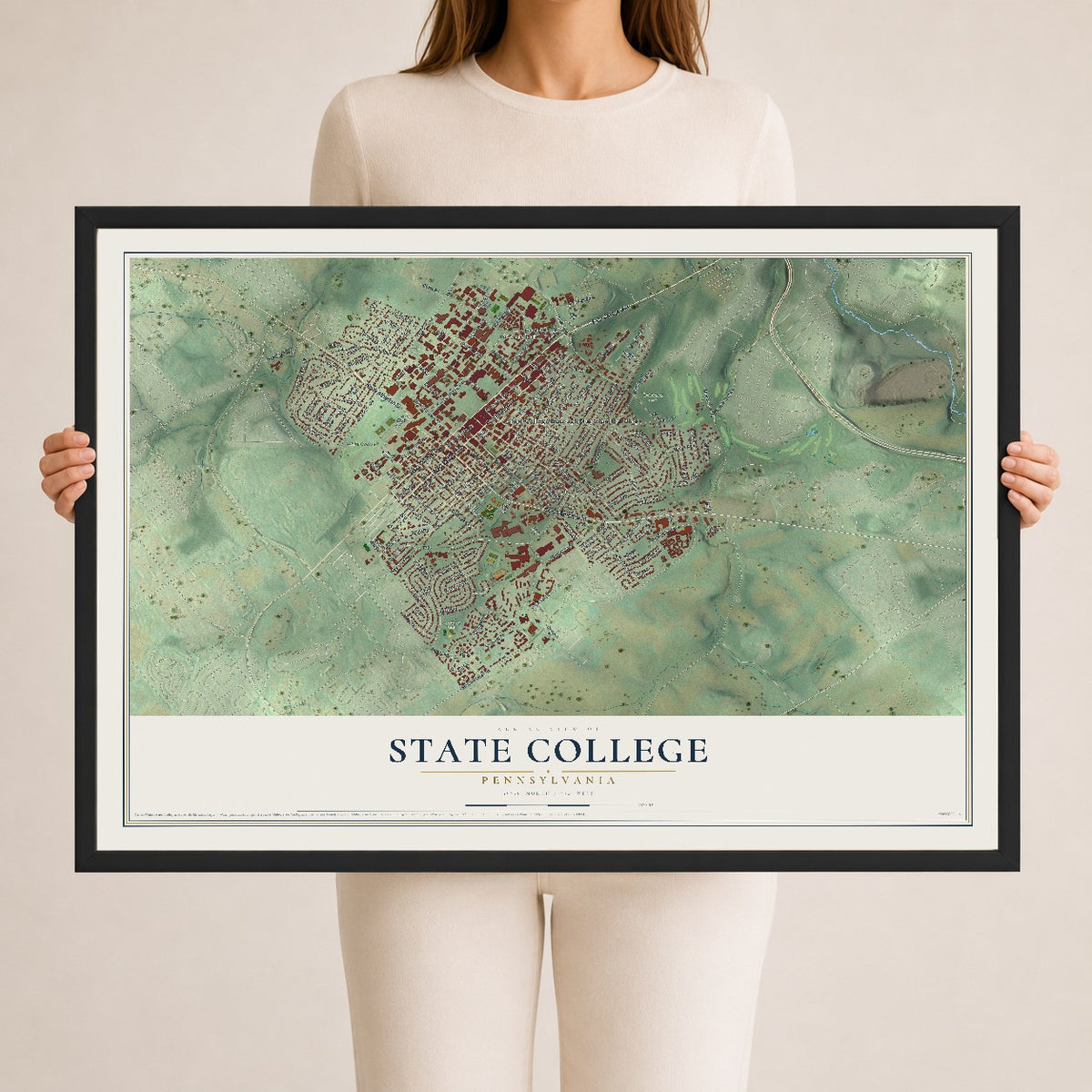 Map of State College, Pennsylvania, 24 x 36 inch print in a black wood frame