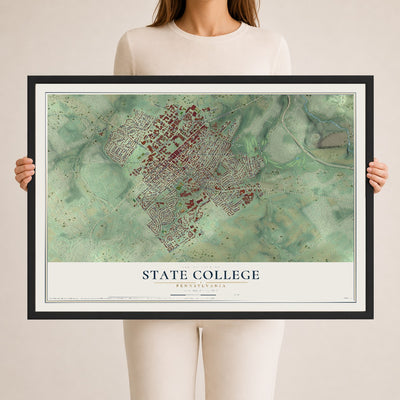 Map of State College, Pennsylvania, 24 x 36 inch print in a black wood frame