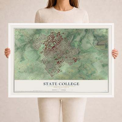 Map of State College, Pennsylvania, 24 x 36 inch print in a white wood frame