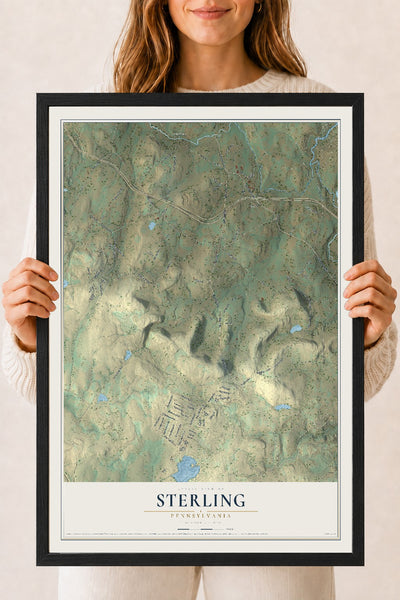 Map of Sterling, Pennsylvania, 18 x 24 inch print in a black wood frame