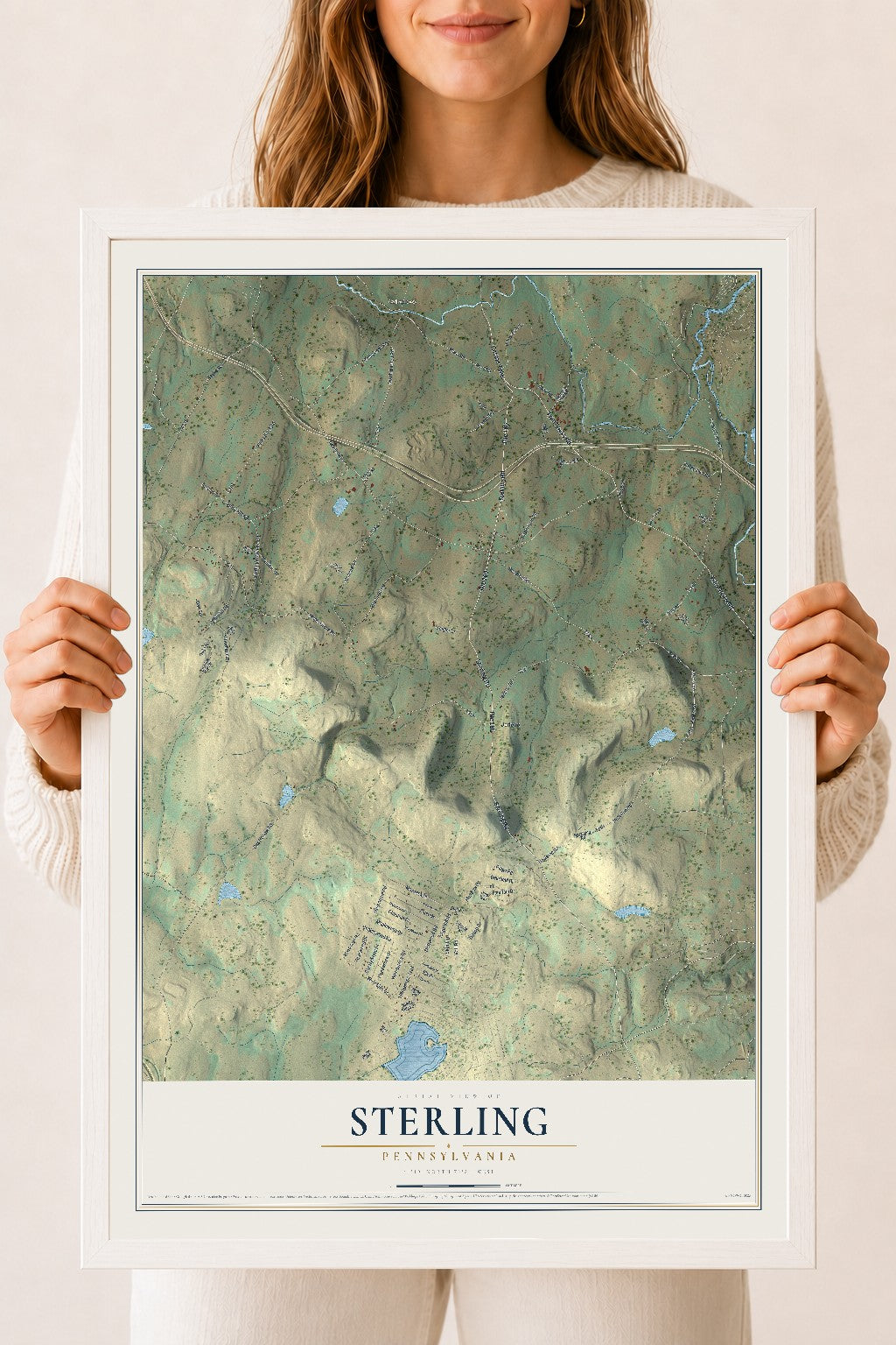 Map of Sterling, Pennsylvania, 18 x 24 inch print in a white wood frame