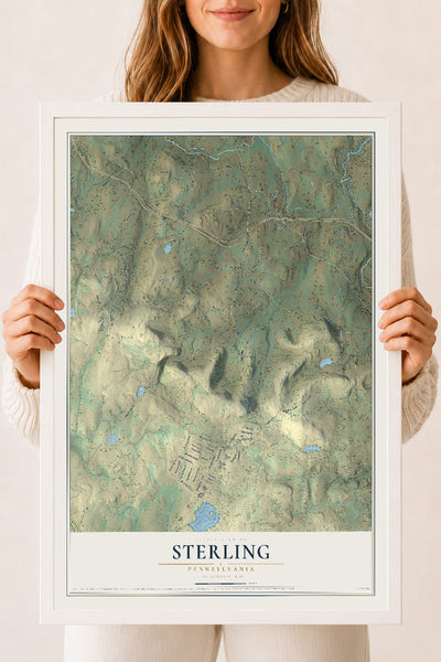 Map of Sterling, Pennsylvania, 18 x 24 inch print in a white wood frame