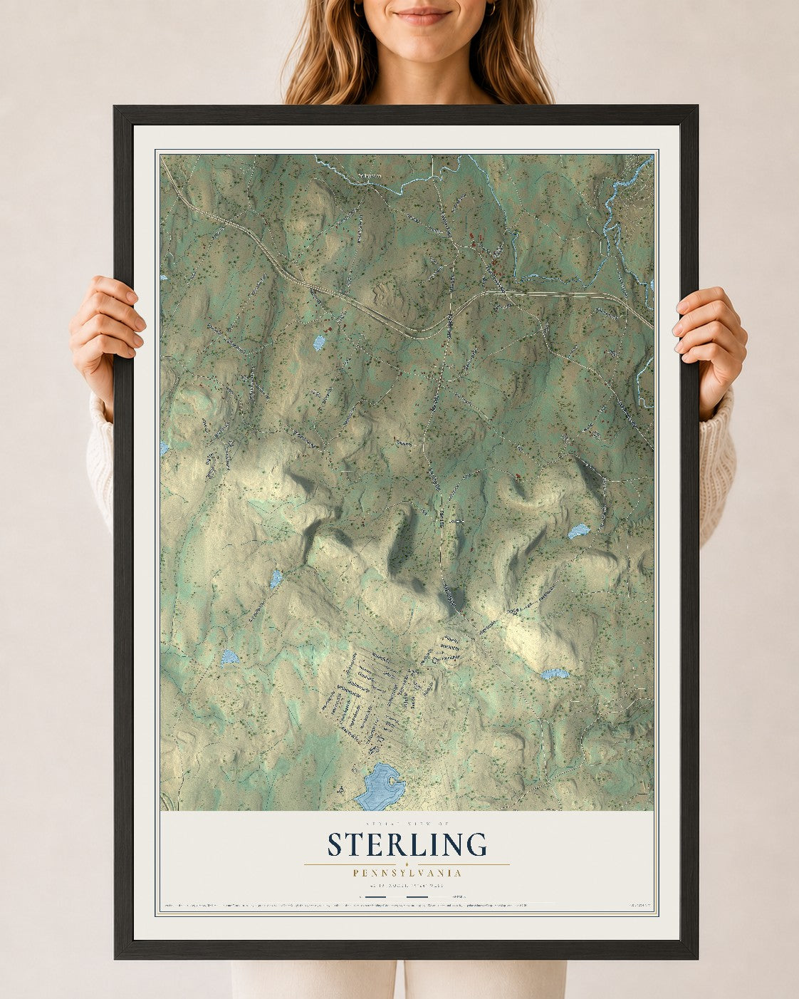 Map of Sterling, Pennsylvania, 24 x 36 inch print in a black wood frame