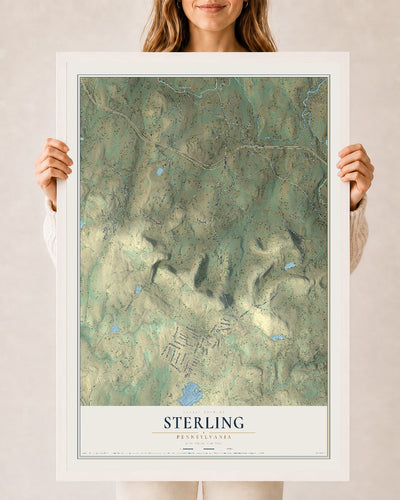Map of Sterling, Pennsylvania, 24 x 36 inch print in a white wood frame