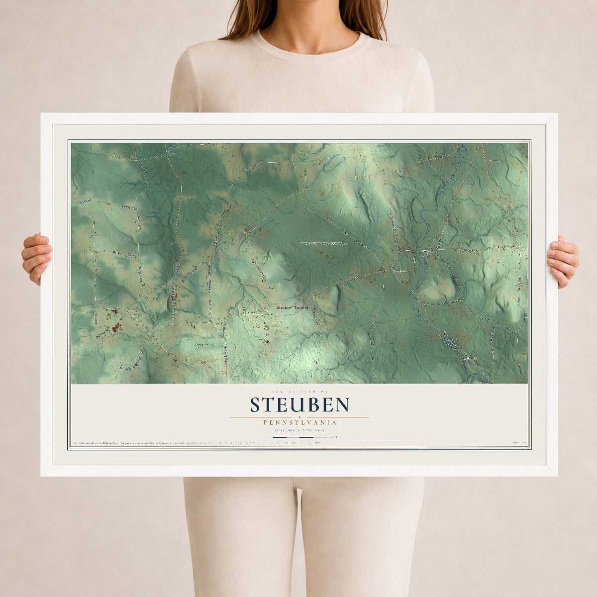Map of Steuben, Pennsylvania, 24 x 36 inch print in a white wood frame