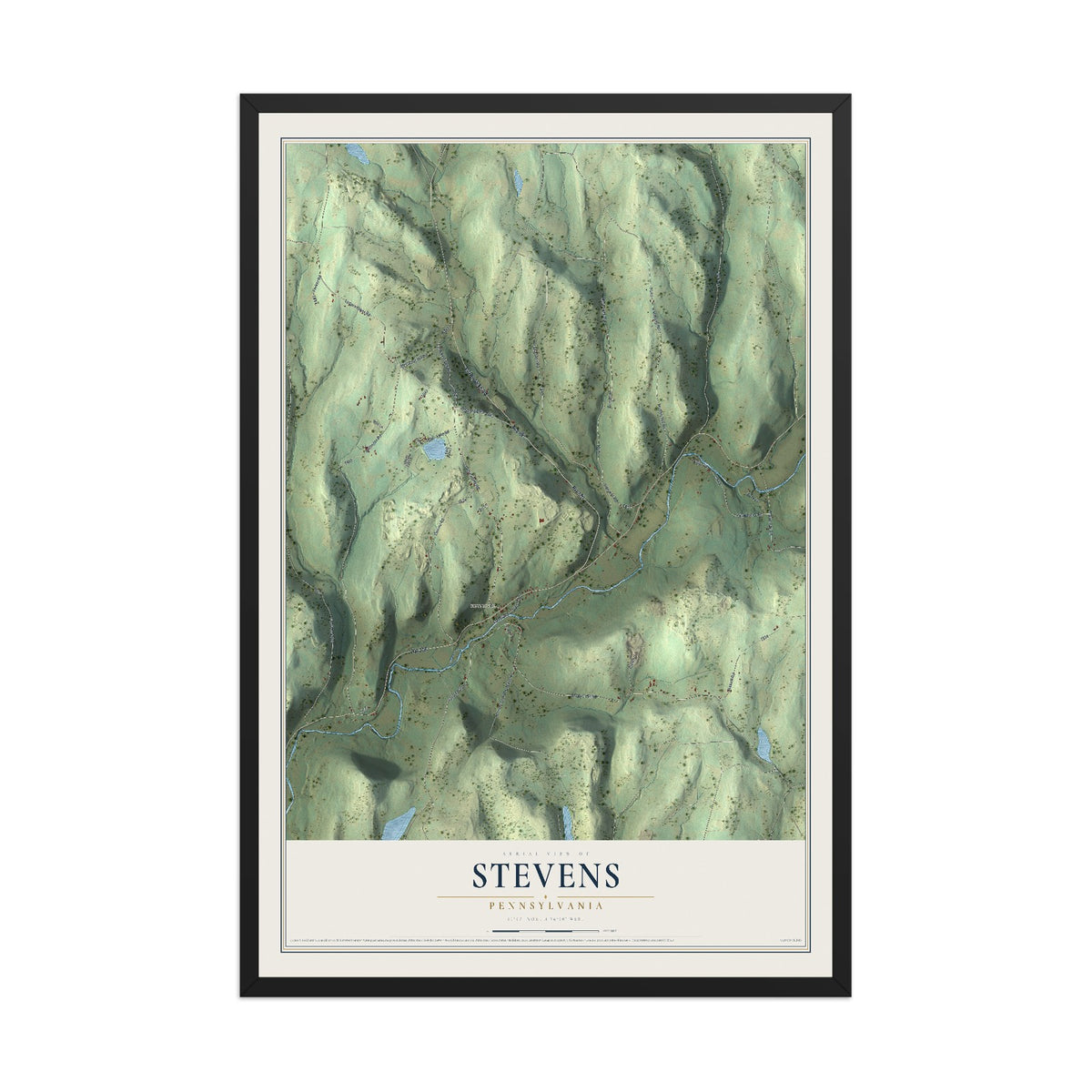 Map of Stevens, Pennsylvania, 12 x 18 inch print in a black wood frame