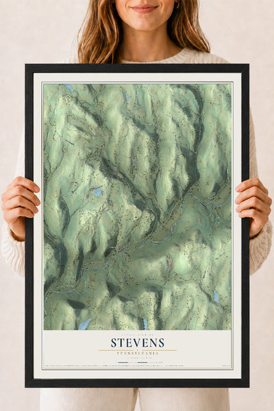 Map of Stevens, Pennsylvania, 18 x 24 inch print in a black wood frame