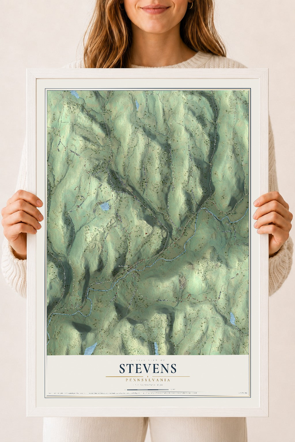 Map of Stevens, Pennsylvania, 18 x 24 inch print in a white wood frame