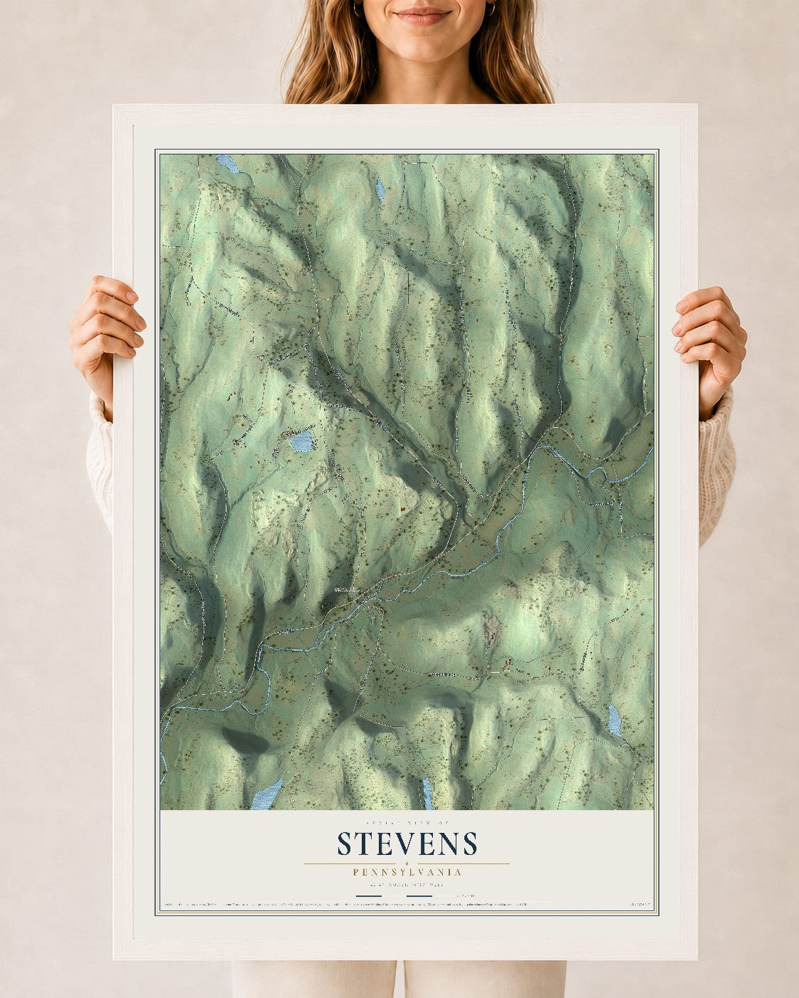 Map of Stevens, Pennsylvania, 24 x 36 inch print in a white wood frame