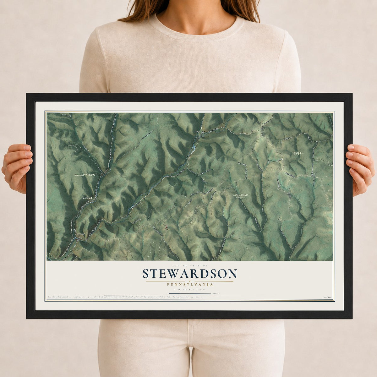Map of Stewardson, Pennsylvania, 12 x 18 inch print in a black wood frame