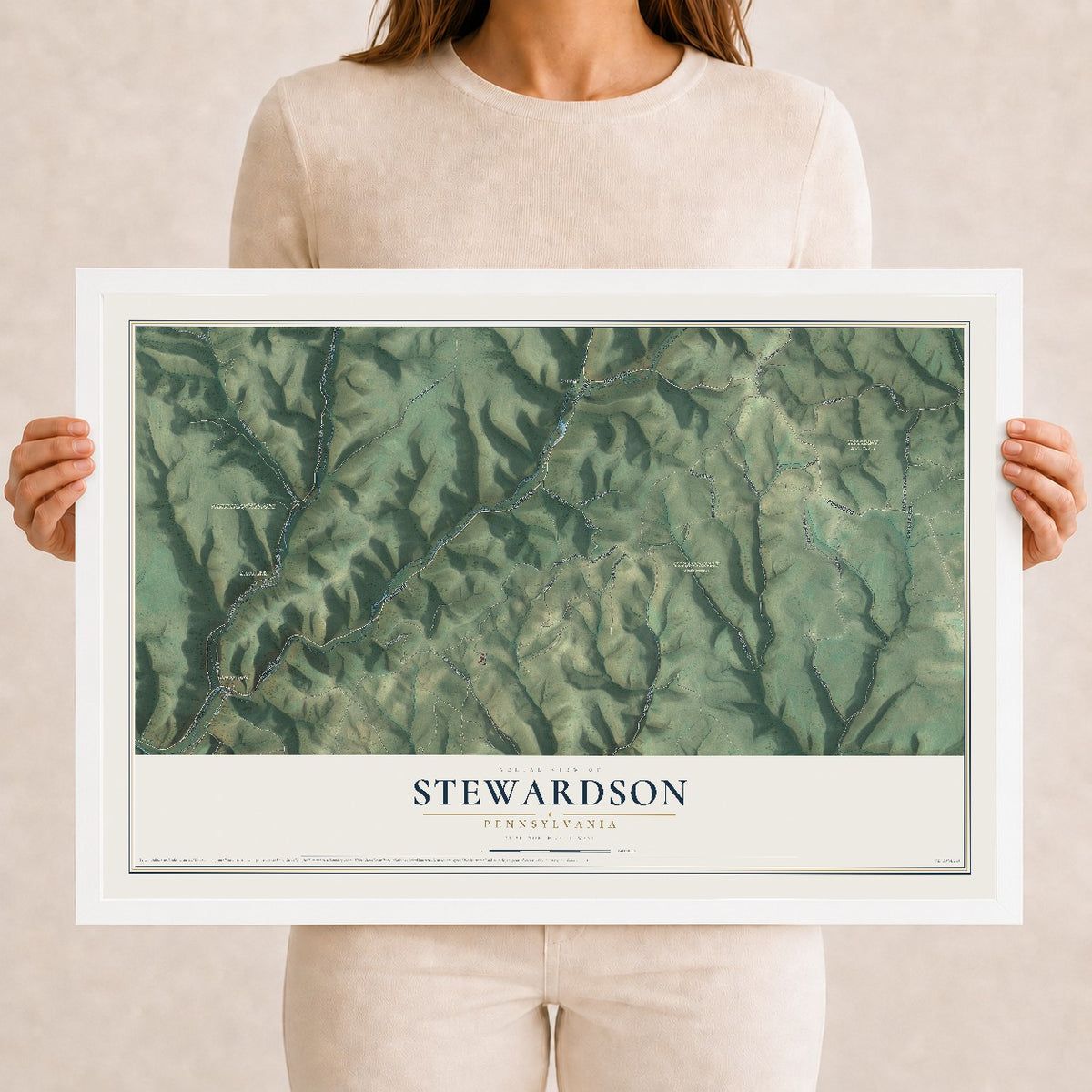 Map of Stewardson, Pennsylvania, 12 x 18 inch print in a white wood frame