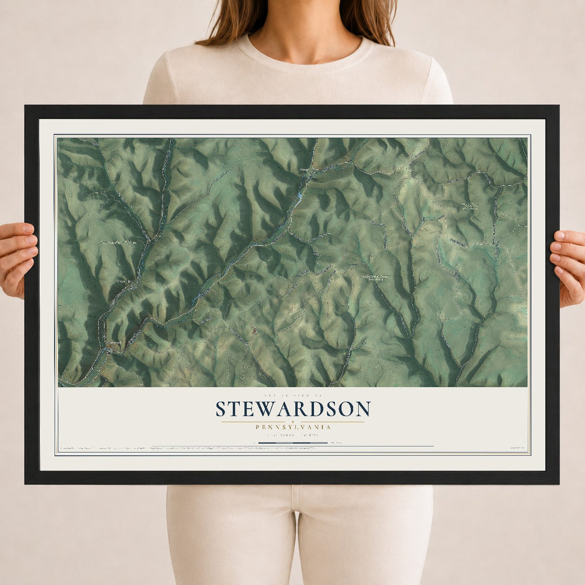 Map of Stewardson, Pennsylvania, 18 x 24 inch print in a black wood frame