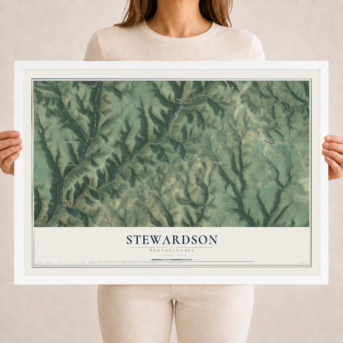 Map of Stewardson, Pennsylvania, 18 x 24 inch print in a white wood frame