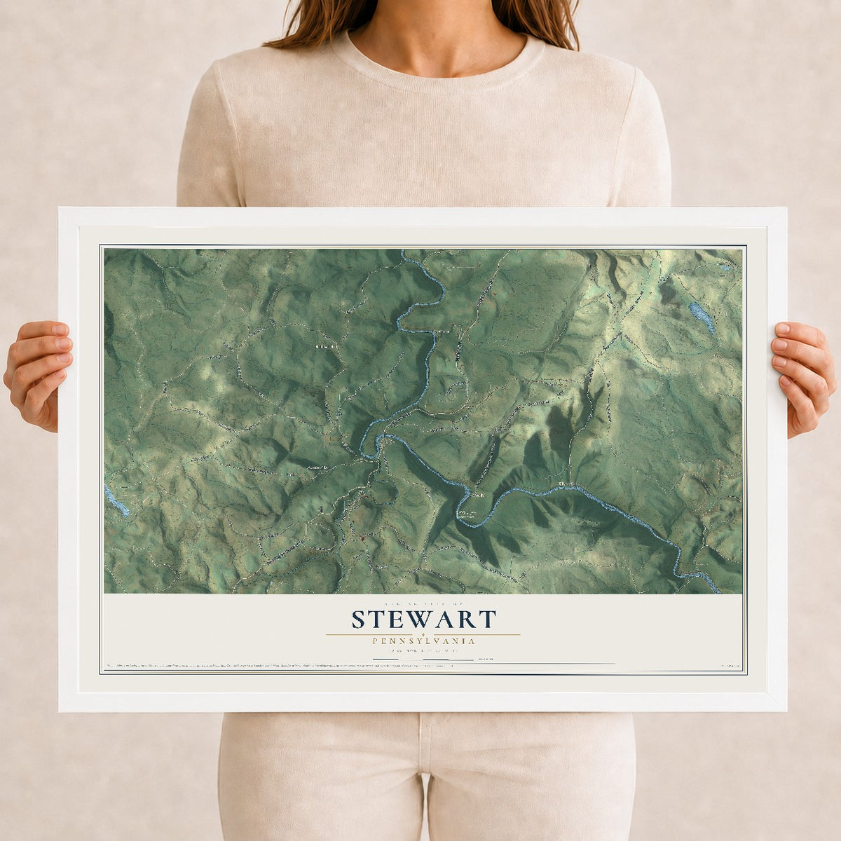 Map of Stewart, Pennsylvania, 12 x 18 inch print in a white wood frame