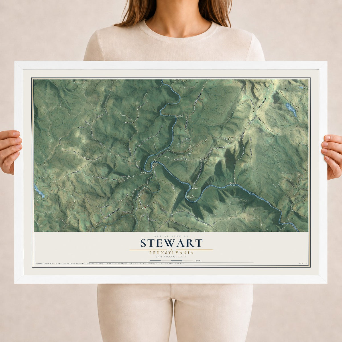 Map of Stewart, Pennsylvania, 18 x 24 inch print in a white wood frame