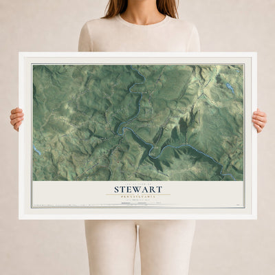 Map of Stewart, Pennsylvania, 24 x 36 inch print in a white wood frame
