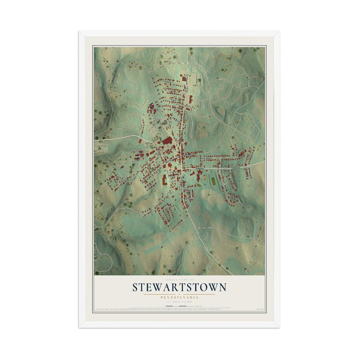 Map of Stewartstown, Pennsylvania, 12 x 18 inch print in a white wood frame