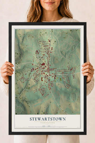 Map of Stewartstown, Pennsylvania, 18 x 24 inch print in a black wood frame