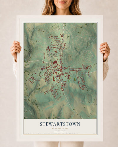 Map of Stewartstown, Pennsylvania, 24 x 36 inch print in a white wood frame