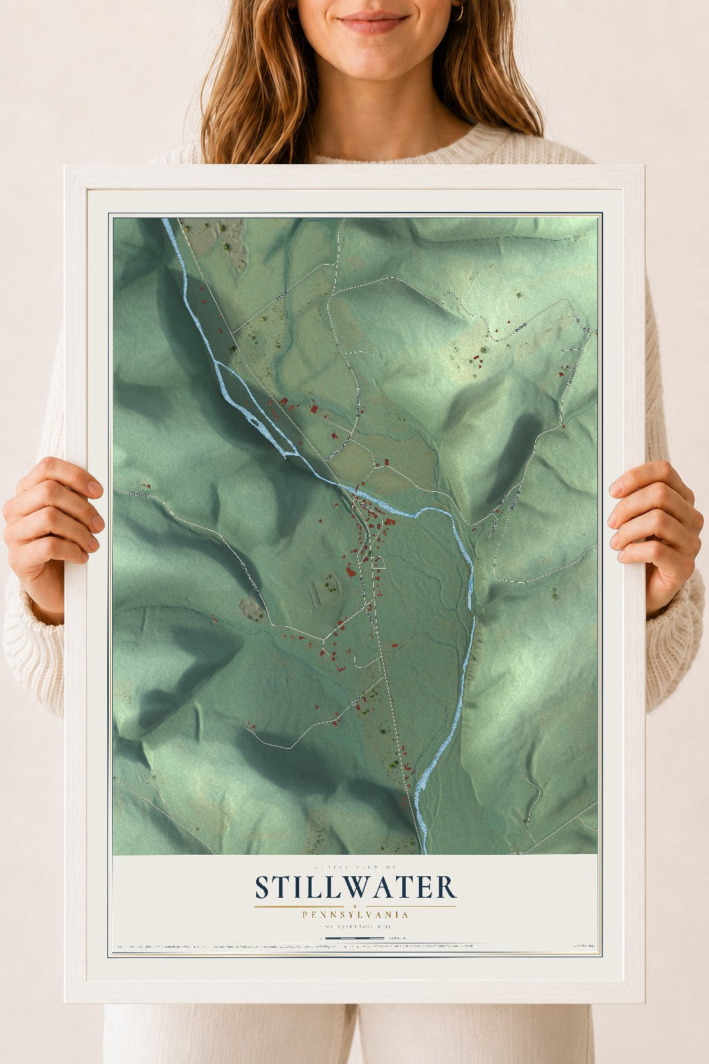 Map of Stillwater, Pennsylvania, 18 x 24 inch print in a white wood frame