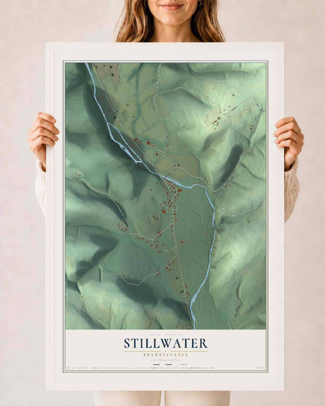 Map of Stillwater, Pennsylvania, 24 x 36 inch print in a white wood frame