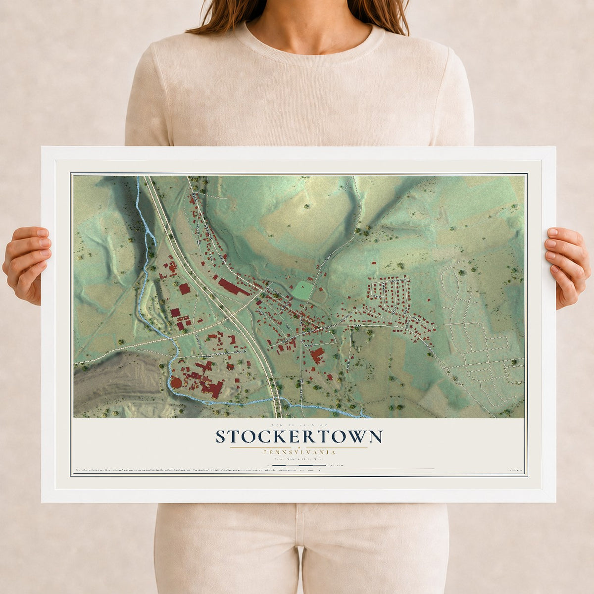 Map of Stockertown, Pennsylvania, 12 x 18 inch print in a white wood frame