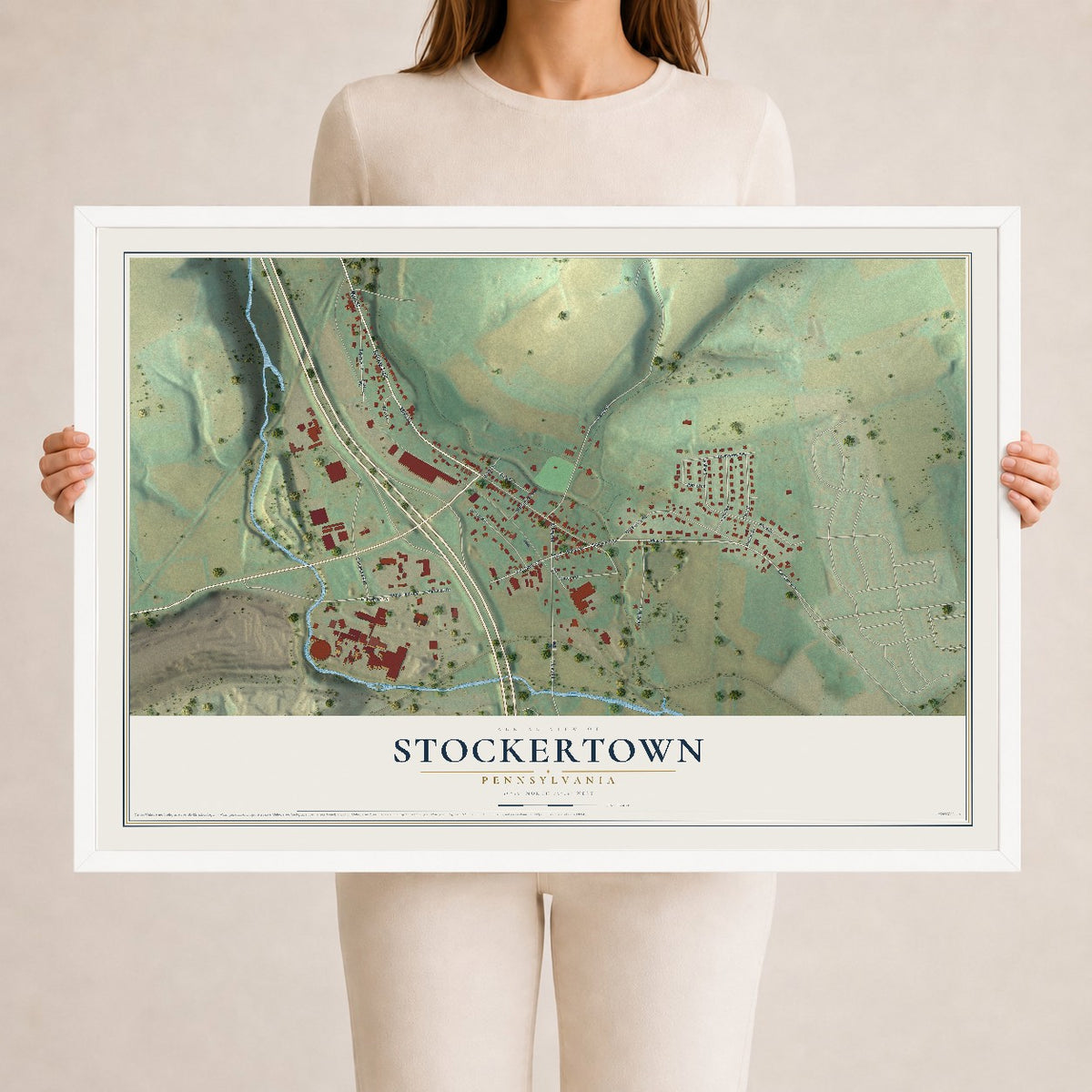 Map of Stockertown, Pennsylvania, 24 x 36 inch print in a white wood frame