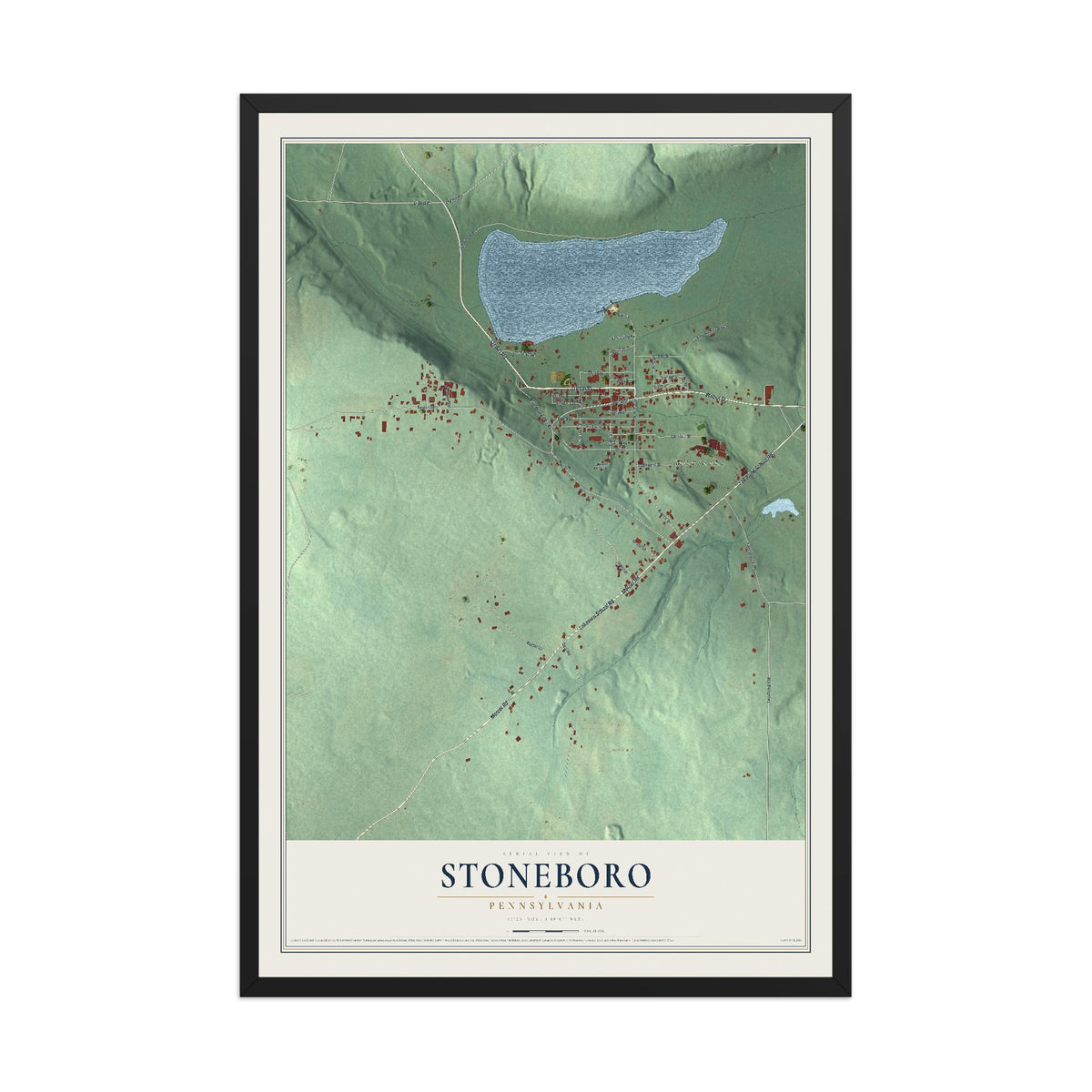 Map of Stoneboro, Pennsylvania, 12 x 18 inch print in a black wood frame
