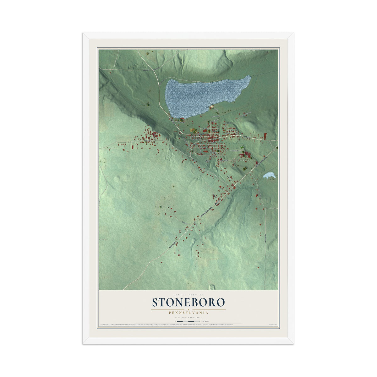 Map of Stoneboro, Pennsylvania, 12 x 18 inch print in a white wood frame