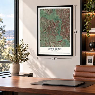 Stonehurst, Pennsylvania map, 18 x 24 inch print in a black frame in a home office