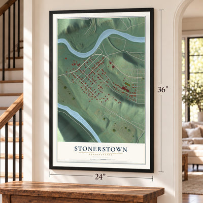 Stonerstown, Pennsylvania map, 24 x 36 inch print in a black frame by a staircase