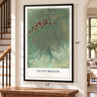 Stonybrook, Pennsylvania map, 24 x 36 inch print in a black frame by a staircase