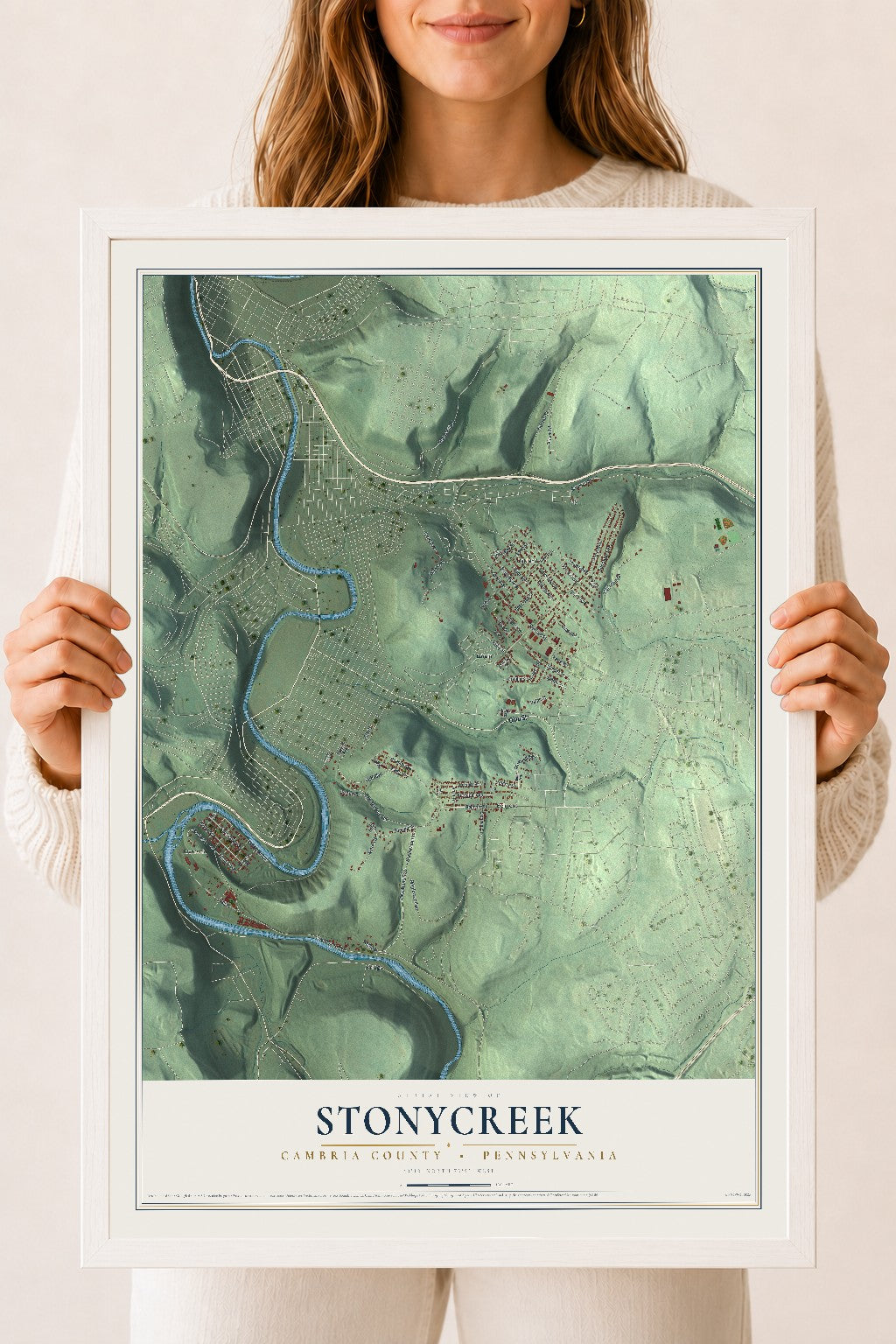 Map of Stonycreek, Cambria County, Pennsylvania, 18 x 24 inch print in a white wood frame
