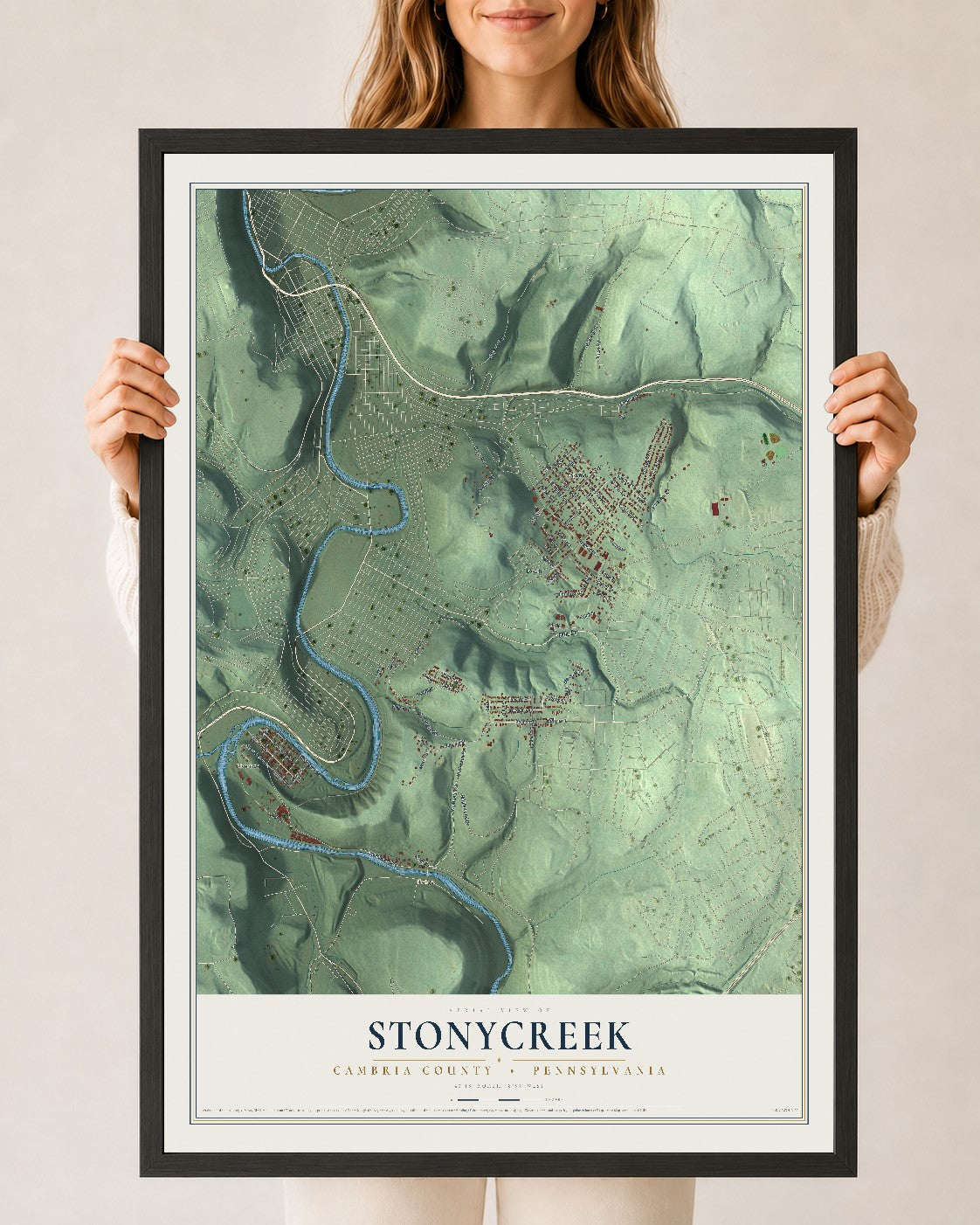 Map of Stonycreek, Cambria County, Pennsylvania, 24 x 36 inch print in a black wood frame