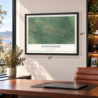 Stouchsburg, Pennsylvania map, 18 x 24 inch print in a black frame in a home office