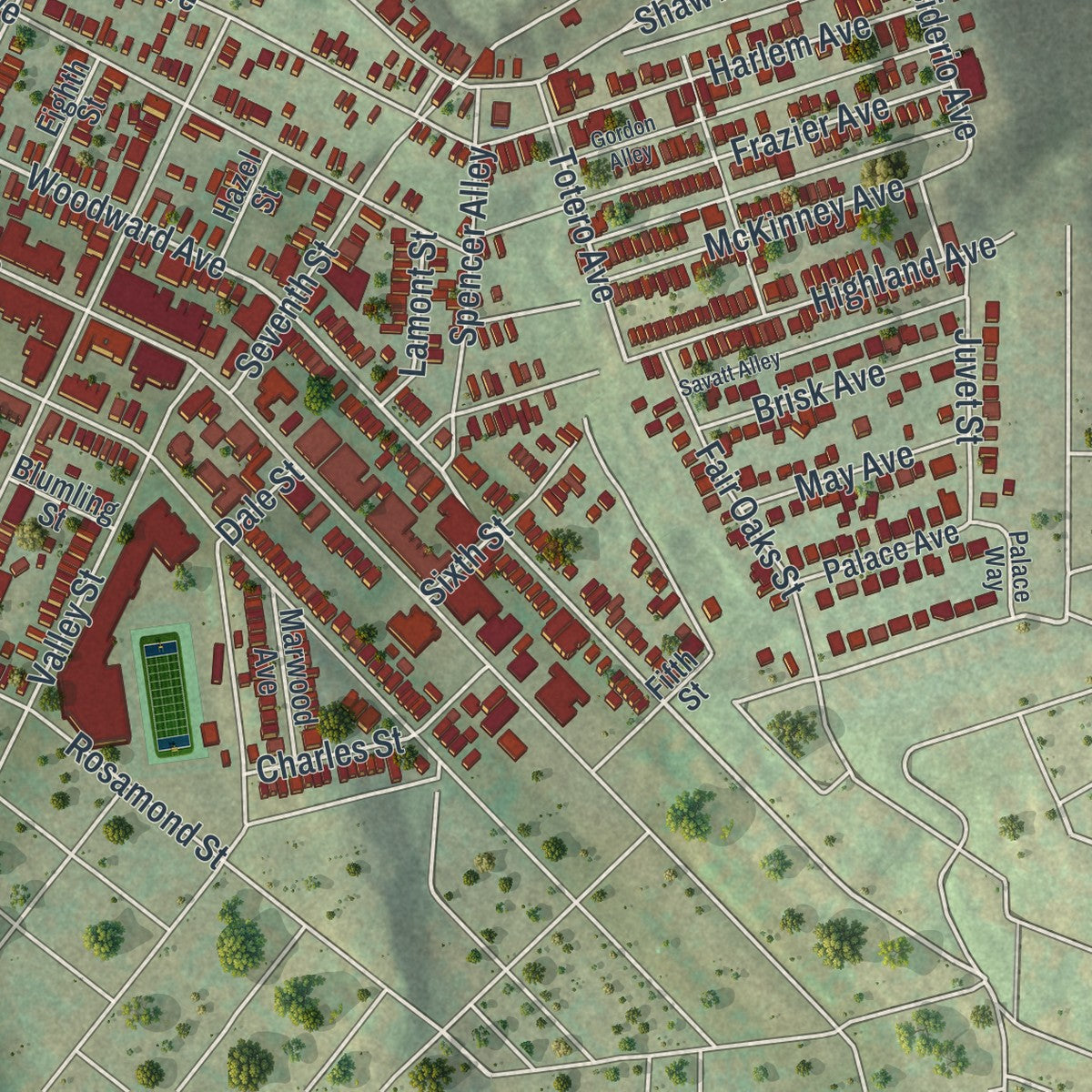 Close-up of the map of Stowe, Pennsylvania print showing street and building detail