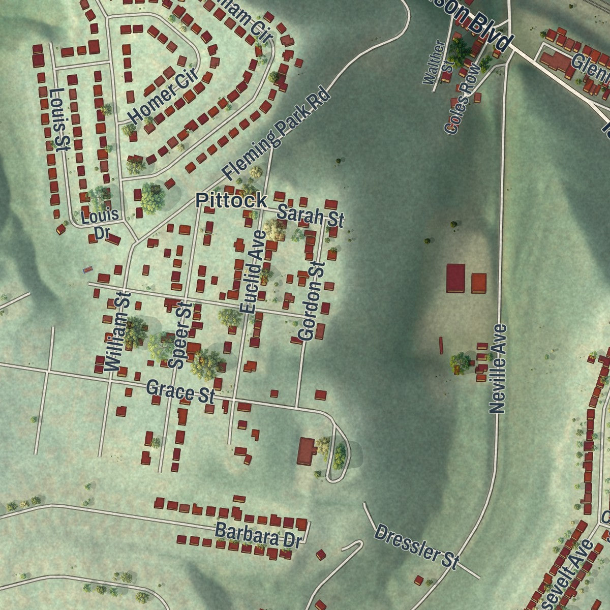 Second close-up of the map of Stowe, Pennsylvania print showing more streets and buildings
