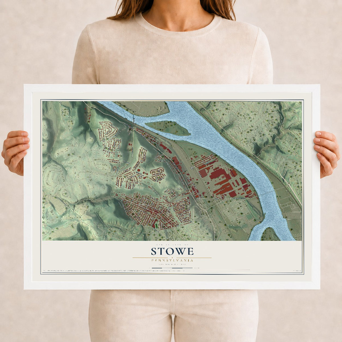 Map of Stowe, Pennsylvania, 12 x 18 inch print in a white wood frame
