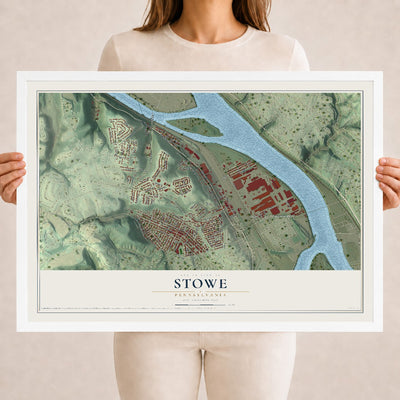 Map of Stowe, Pennsylvania, 18 x 24 inch print in a white wood frame
