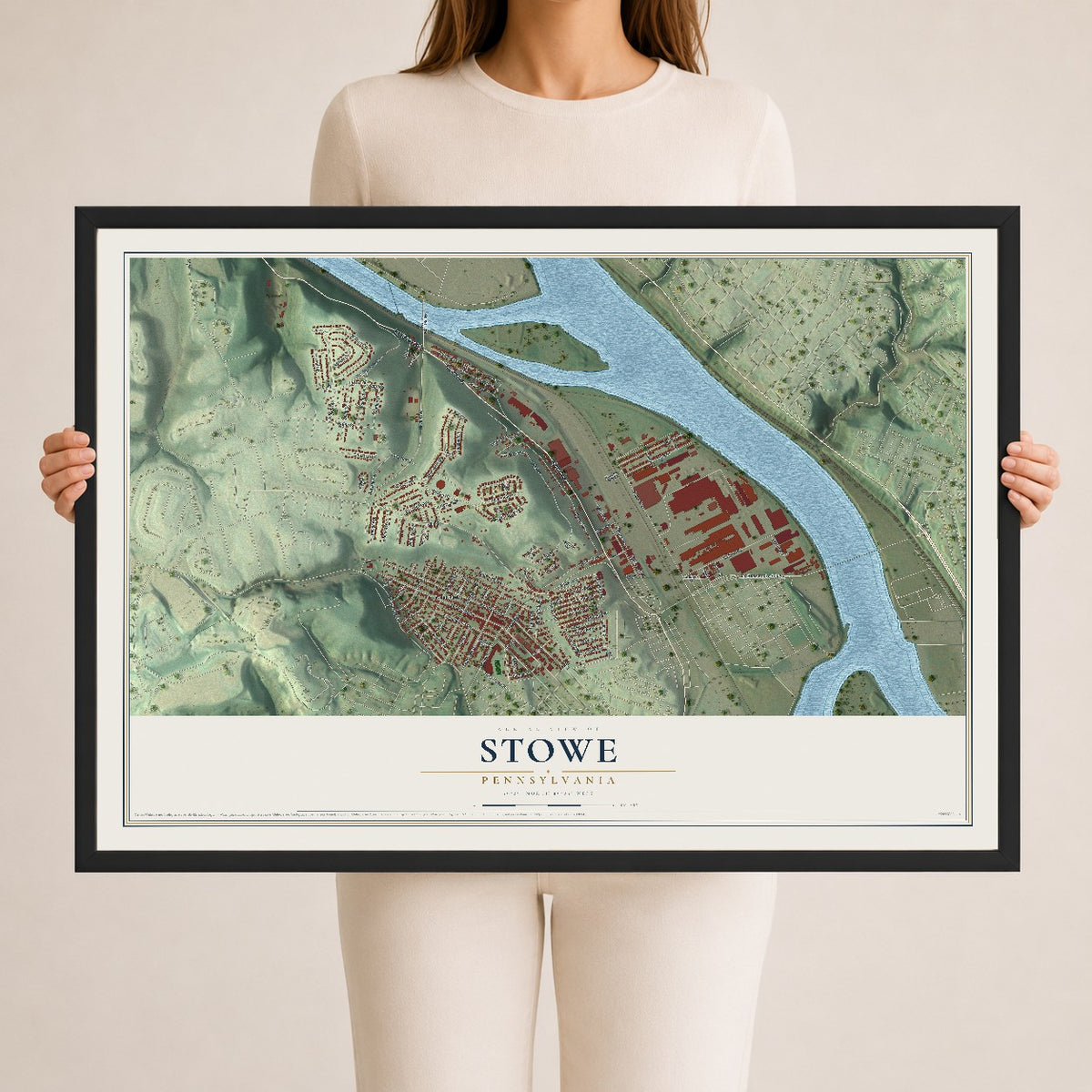 Map of Stowe, Pennsylvania, 24 x 36 inch print in a black wood frame