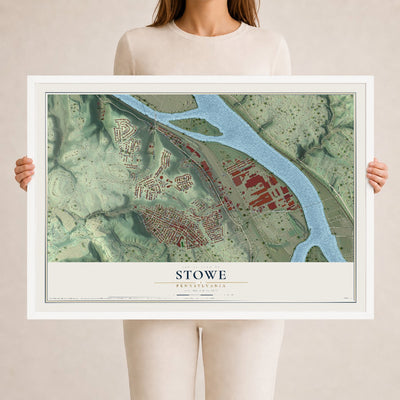 Map of Stowe, Pennsylvania, 24 x 36 inch print in a white wood frame