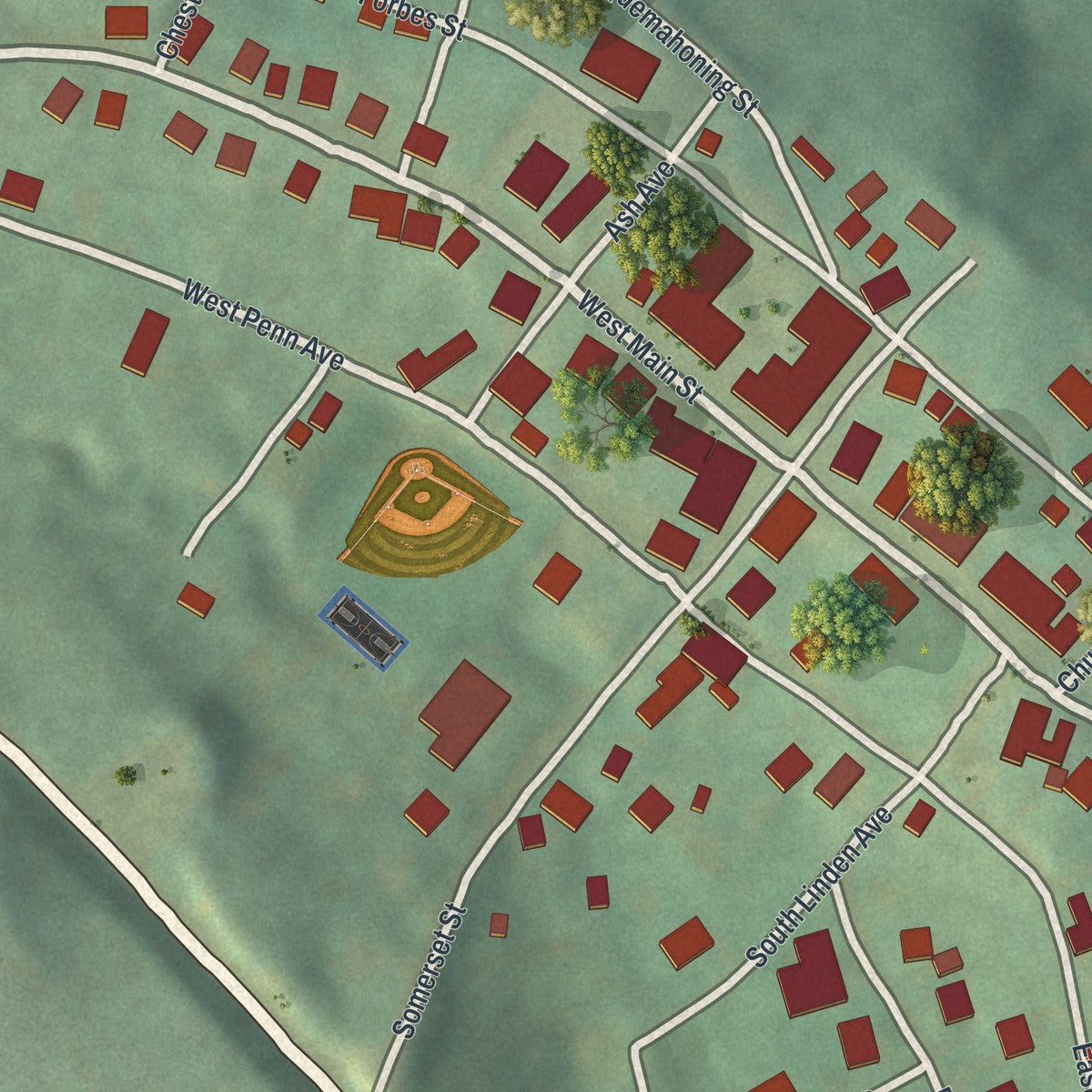 Close-up of the map of Stoystown, Pennsylvania print showing street and building detail