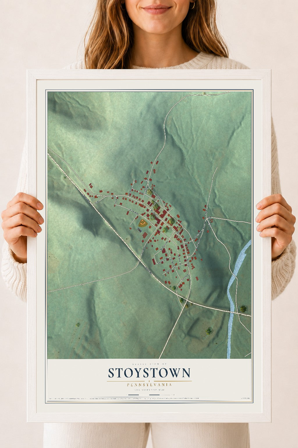 Map of Stoystown, Pennsylvania, 18 x 24 inch print in a white wood frame