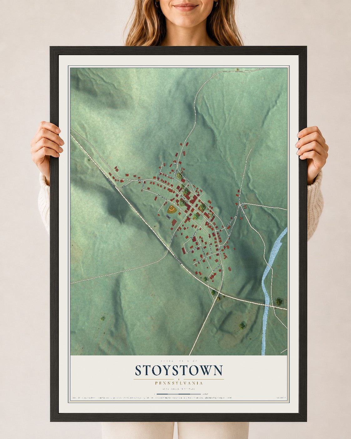 Map of Stoystown, Pennsylvania, 24 x 36 inch print in a black wood frame