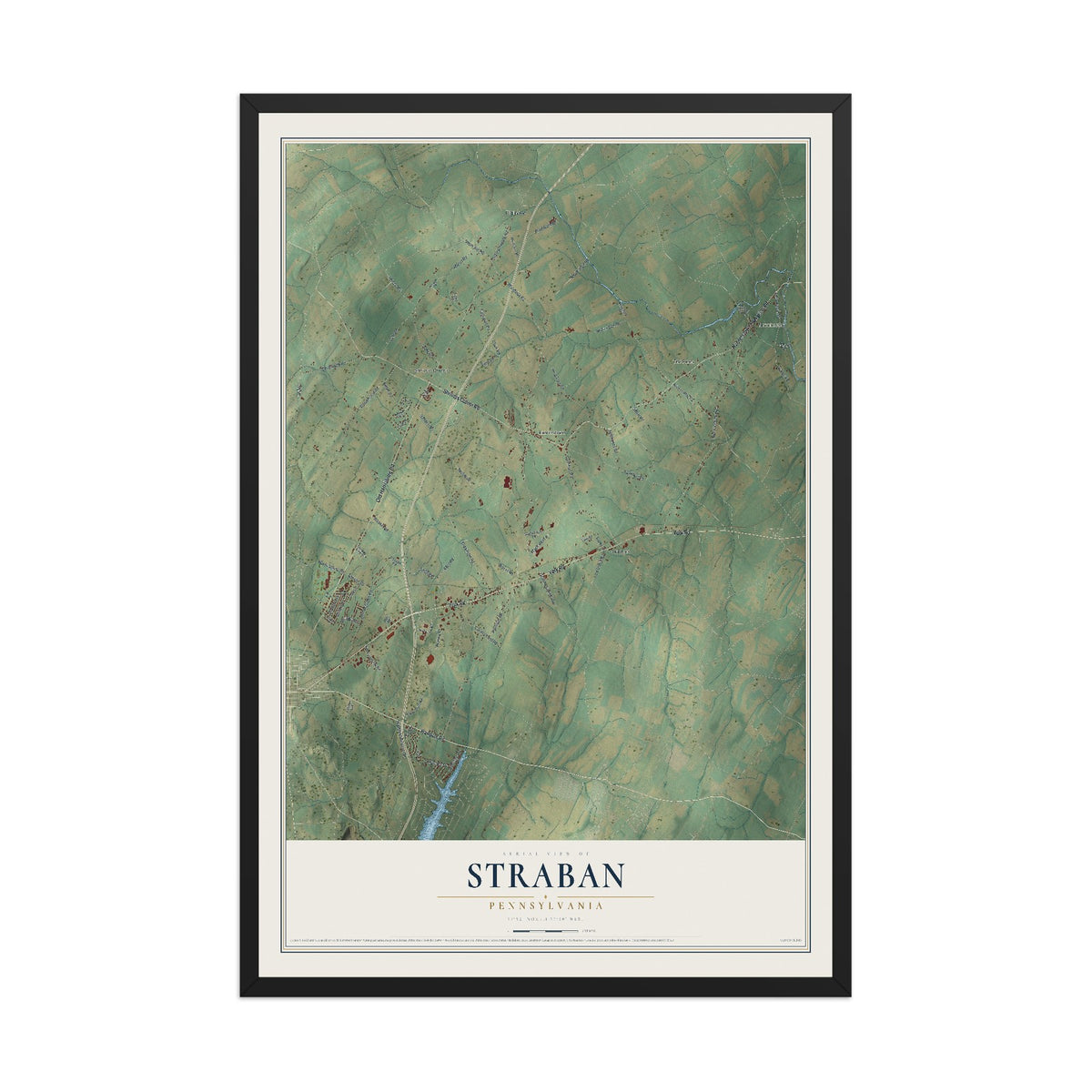 Map of Straban, Pennsylvania, 12 x 18 inch print in a black wood frame