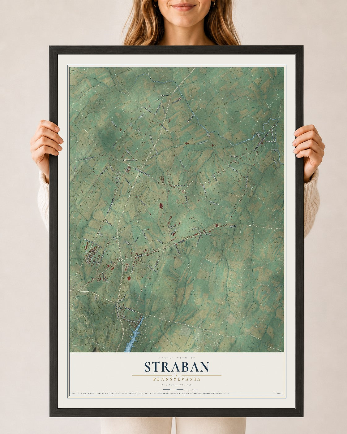 Map of Straban, Pennsylvania, 24 x 36 inch print in a black wood frame